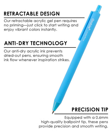 Grabie Retractable Colorflow Acrylic Gel Pen Set of 12 - Acrylic Pens Fine Tip, Journal And Pen, Journaling Pens, Best Journaling Pen, Good Bullet Journal Pens, Best Pens For Note Taking, Best Pens For Journaling, Rainbow Gel Pens, Journal Pens, Best Pens For Note Taking Best Pens For Bullet Journal, Acrylic Pens, Grabie Stationery Pens, Grabie Journal Pens, Grabie Art, Grabie Art Supplies, Grabie Supplies